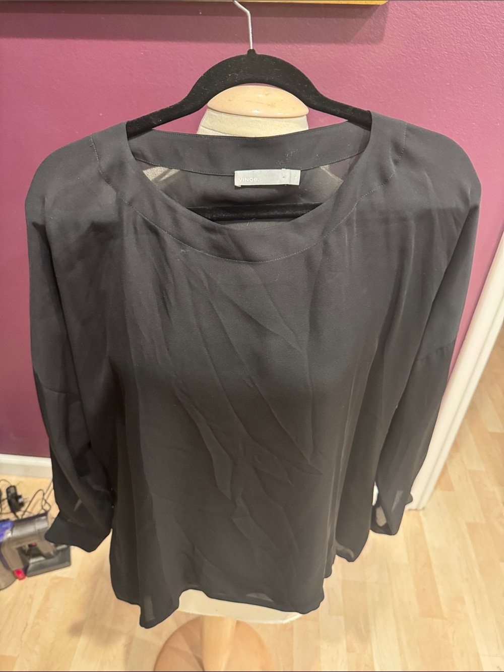 Vince Charcoal Black Long-Sleeve Satin-Look Blouse